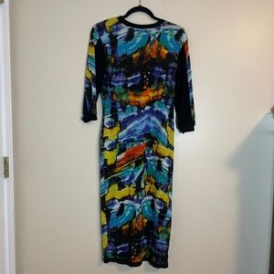 House of Chapelle Bodycon Midi Dress Size XL Blue Abstract Stretchy 3/4 Sleeves